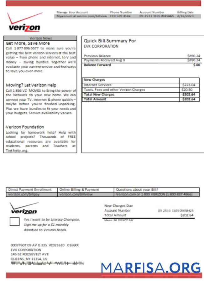 Blank Verizon utility business bill, SCR real example